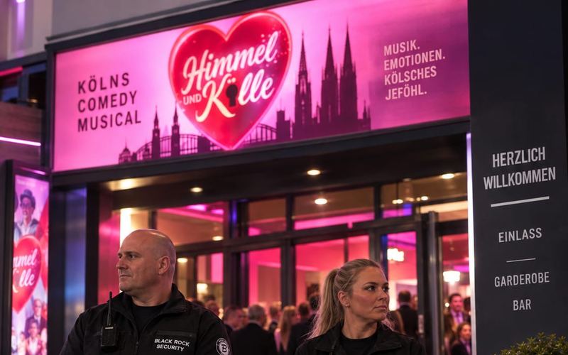 Zwei Mitarbeiter von Black Rock Security am Einlass der Volksbühne am Rudolfplatz beim Musical „Himmel und Kölle“