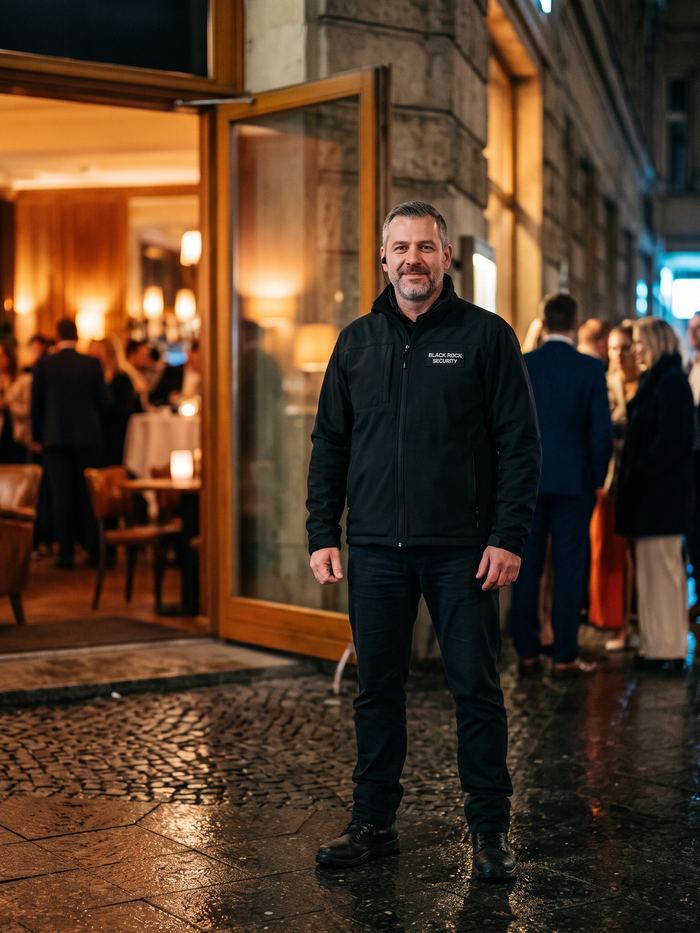 Doorman von Black Rock Security am Eingang einer Gastronomie
